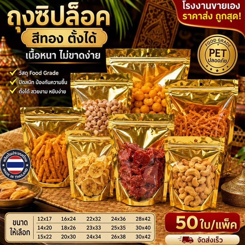 ถุงฟอยด์สีทอง ตั้งได้ ช่องมองเห็น มีซิปซีล กันน้ำกันฝุ่น เกรดวัสดุอาหาร หลากหลายขนาด ใส่ขนมได้ 50 ใบต่อแพ็ค