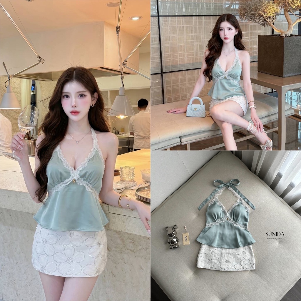 SUNIDA Setเสื้อผูกคอผ้าซาตินสีฟ้าคราม