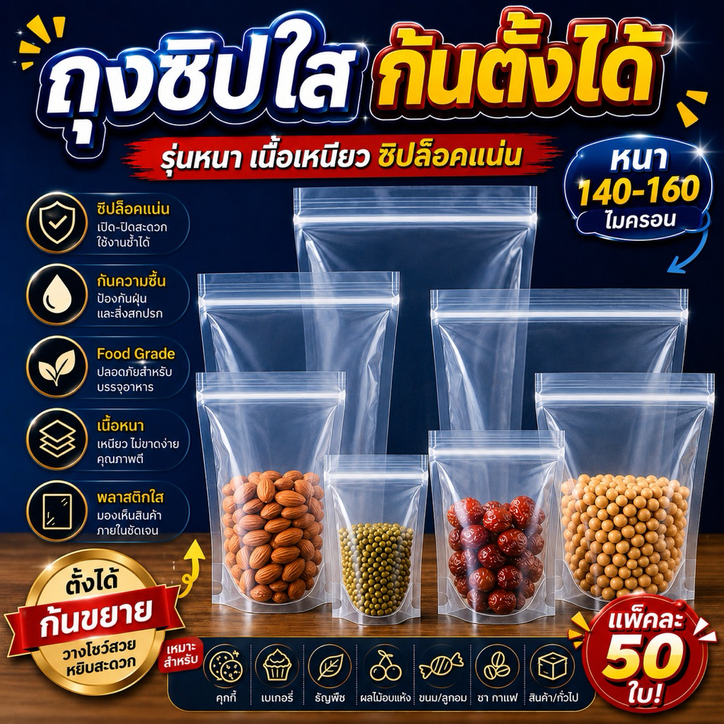 ถุงซิปใส ตั้งได้ ก้นขยาย ใส่น้ำชา รุ่นหนา 160 ไมครอน แพ็คละ 50ใบ