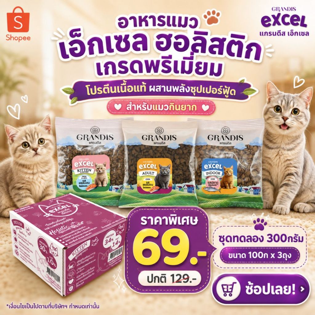 [ชุดทดลอง] GRANDIS EXCEL Holistic 100gx3🐱 แกรนดีส เอ็กเซล ฮอลิสติก อาหารแมว ซองทดลอง พกพาสะดวก