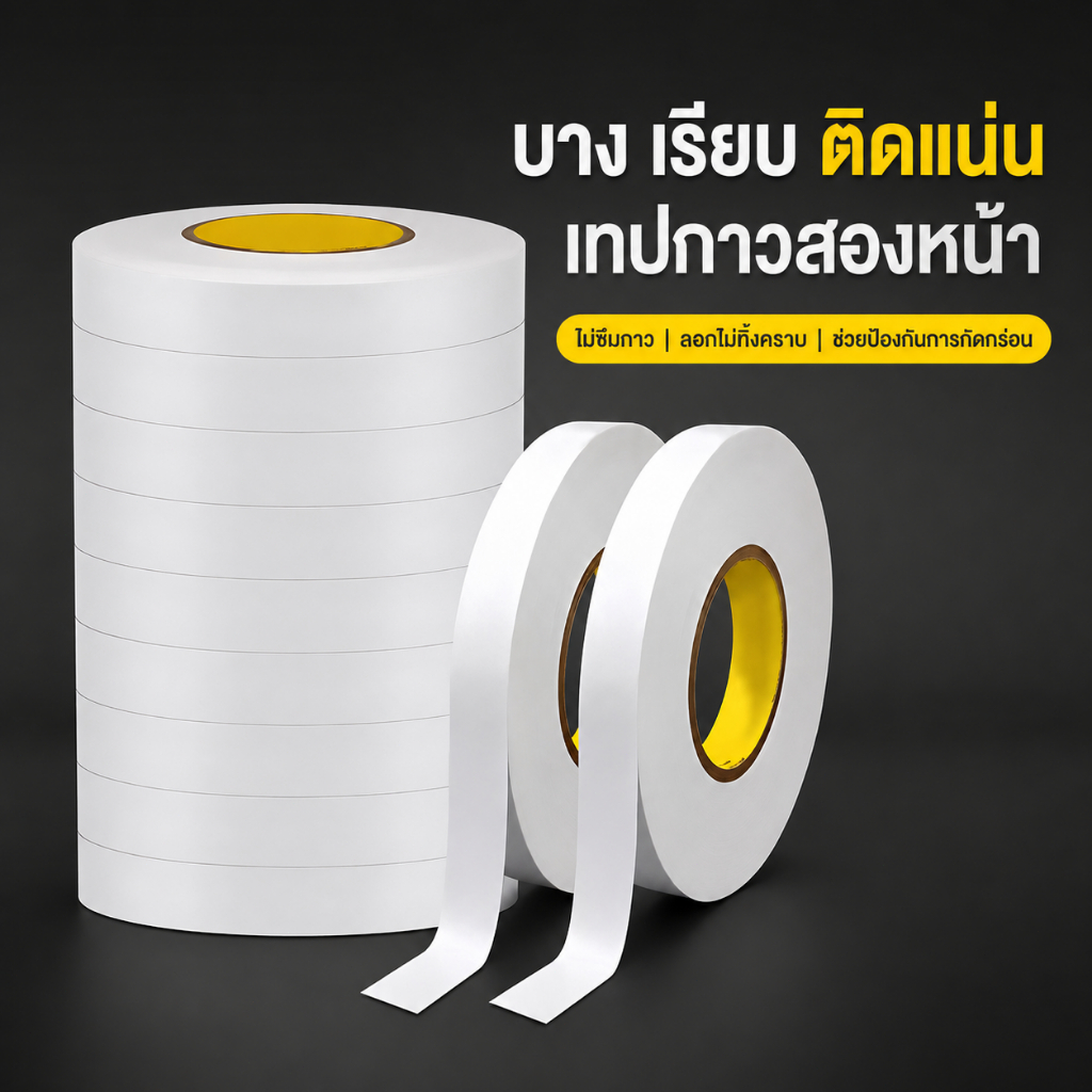 เทปเยื่อกาวสองหน้า สีขาว กาวแน่น ติดแน่น ลอกแผ่นรองง่าย ไม่ทิ้งคราบ ใช้งาน DIY ออฟฟิศ งานฝีมือ