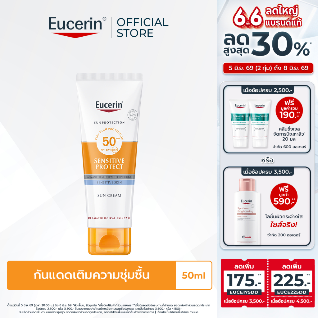 Eucerin SUN SENSITIVE PROTECT CREAM SPF 50+ PA++++ 50 ML ยูเซอริน ครีมกันแดดสำหรับผิวหน้า ให้ความชุ่มชื้น กันน้ำ