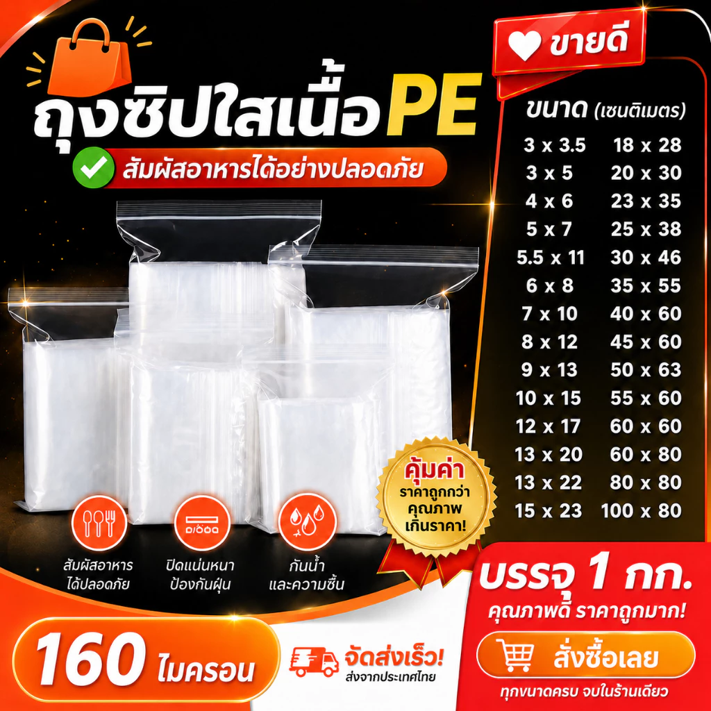 (แพ็ค 1 กก/0.5 กก.) ถุงซิป รุ่น กันน้ำ รุ่นหนา ซิปแน่น ใส่อาหาร แก้วเก็บเย็น หมวกกันน็อก ถุงซิปใส