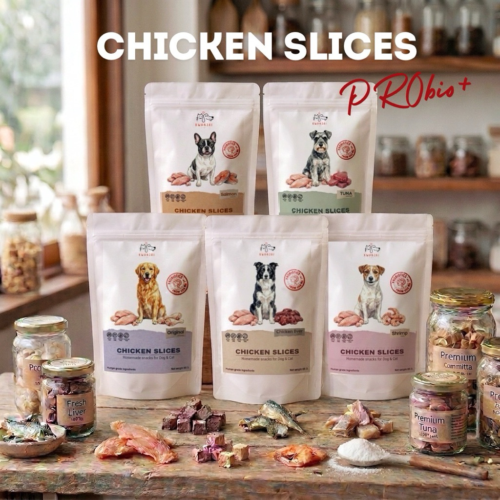Chicken Slices Probio+  อกไก่อบ ผสมโพรไบโอติกส์ ขนมสำหรับสุนัขและแมว (Homemade)