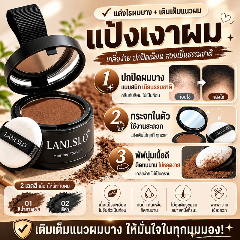 【LANLSLO แป้งปิดเหม่ง】 แป้งปิดไรผมสุดฮิต Hairline Fluffy Powder สีดำธรรมชาติ ปกปิดผมบาง หัวเถิก และผมหงอก
