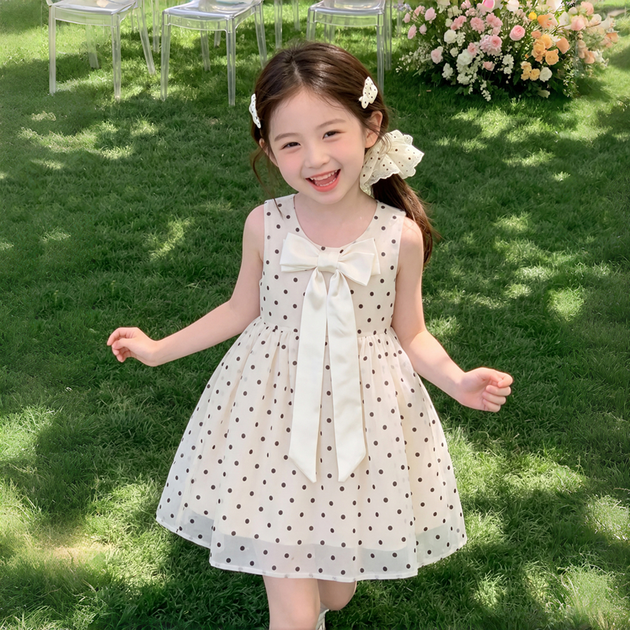 PRINCESS KESLI ชุดเดรสเด็กผู้หญิง ชุดเดรสไม่มีแขนลายจุด แต่งโบว์ใหญ่ สุดน่ารัก สำหรับปาร์ตี้วันเกิด/ไปเที่ยว 2-12 ปี