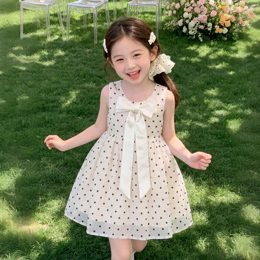 PRINCESS KESLI ชุดเดรสเด็กผู้หญิง ชุดเดรสไม่มีแขนลายจุด แต่งโบว์ใหญ่ สุดน่ารัก สำหรับปาร์ตี้วันเกิด/ไปเที่ยว 2-12 ปี