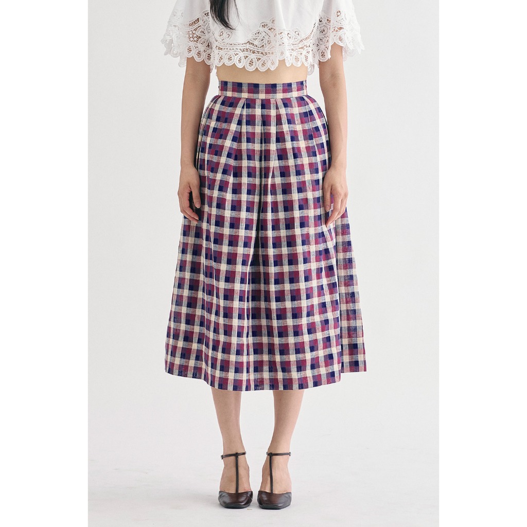 (New Spring 26) (พร้อมส่ง) Perana กระโปรงผ้าลินินลายสกอต Anna Skirt (สีแดง burgundy)
