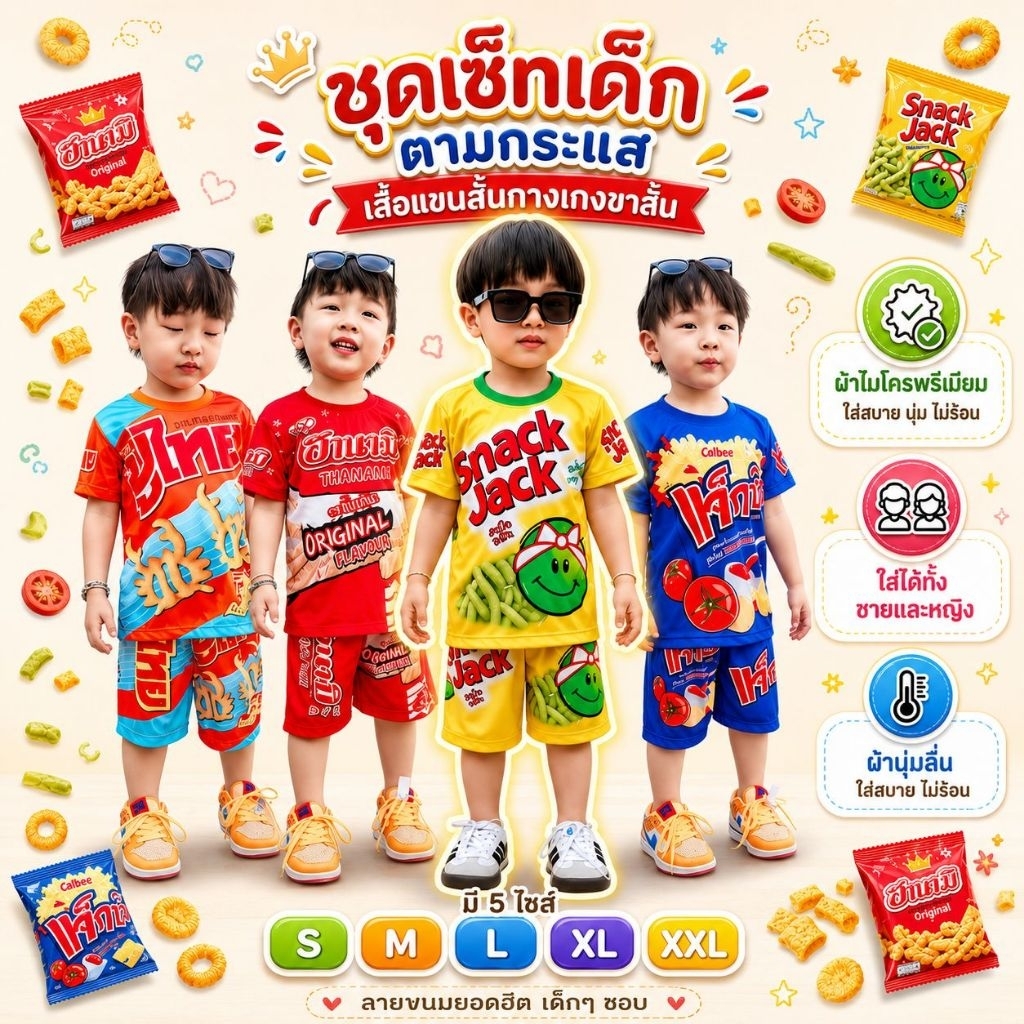ชุดเด็กฮิตๆ เสื้อแขนสั้น กางเกงขาสั้น ผ้าไมโคร