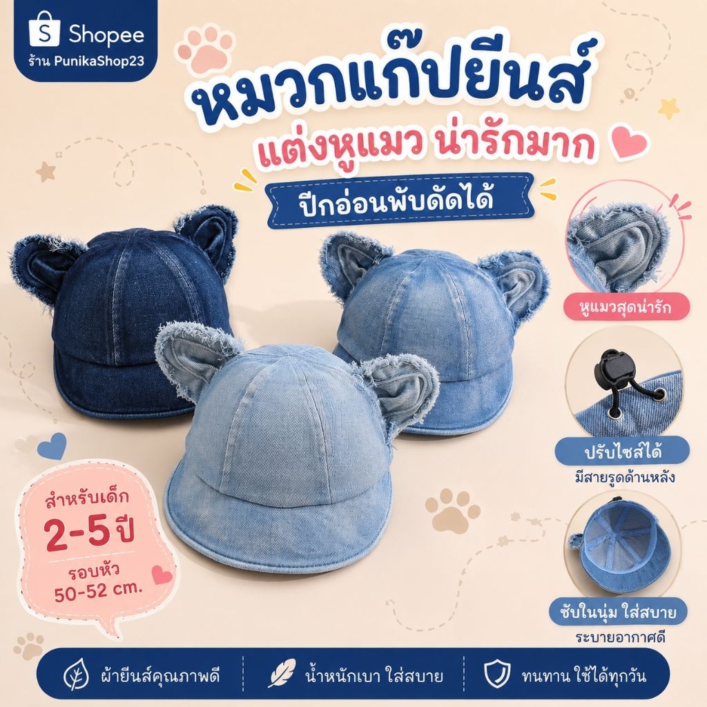 [พร้อมส่ง] หมวกเด็ก 2-5 ปี รอบหัว 50-52 cm หมวกแก๊ปยีนส์ แต่งหูแมว ปีกอ่อนพับดัดได้ ปรับไซส์ได้ ทรงน่ารัก ใส่สบาย