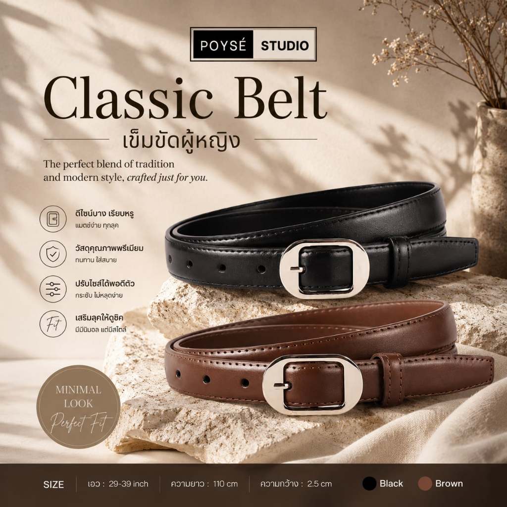 POYSE เข็มขัดผู้หญิง Classic Belt + (ฟรี) ถุงผ้า POYSÉ.STUDIO [PSB005]