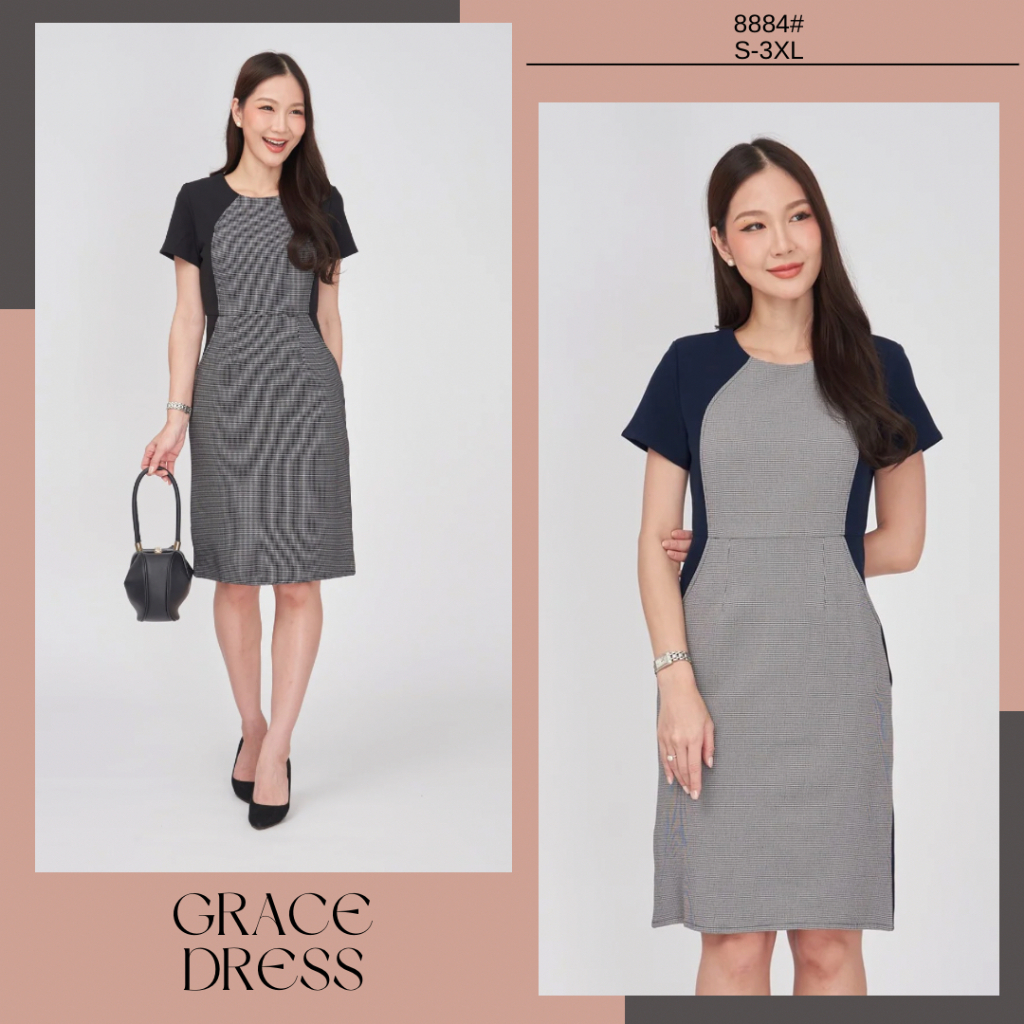 Laboratory 8884# Grace dress เดรสทรงสอบเข้ารูป แต่งดีเทลผ้าทอลายสก็อต มีไซส์ S-3XL
