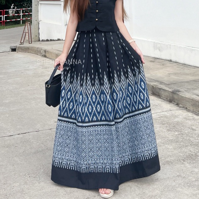 กระโปรงผ้าฝ้ายจีบทวิสตัวยาว งานซิป ไม่สม็อค ไม่มีซับ