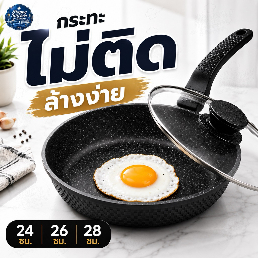 กระทะทอดเคลือบหินอ่อน พร้อมฝาแก้ว ไม่ติดกระทะ ล้างง่าย สำหรับทอดไข่และทอดปลา 24/26/28 ซม.