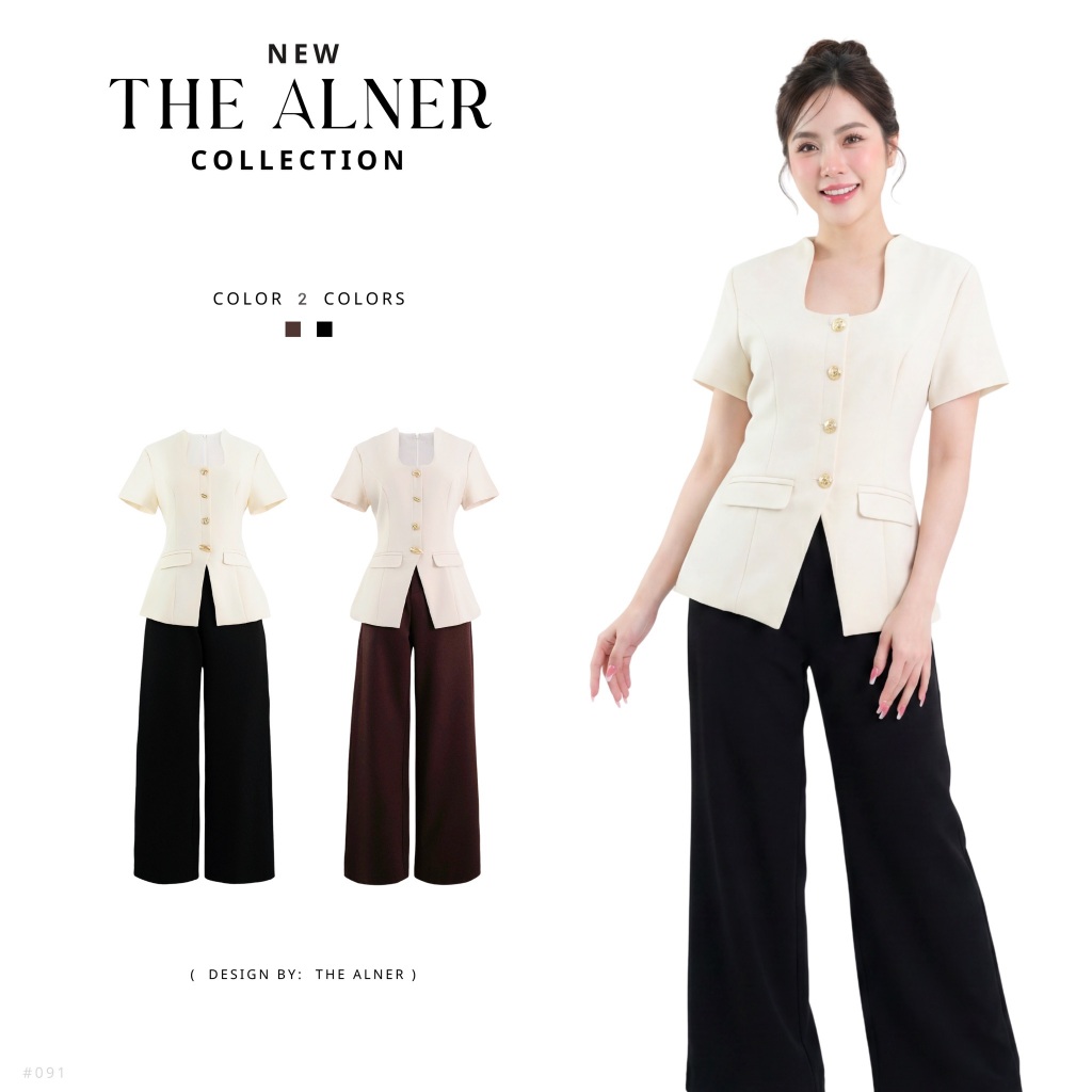 Thealner-AN091 (เซตเสื้อเว้าอกแขนสั้นแต่งกระเป๋ากางเกงขายาว)