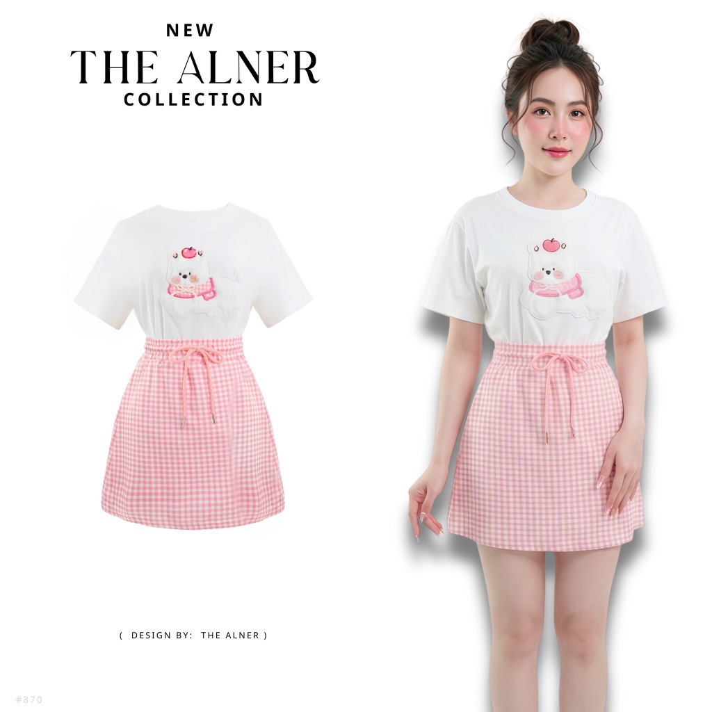 Thealner-AN870 (เซตเสื้อขาวปักหมาแขนสั้นกระโปรงลายตารางชมพู)
