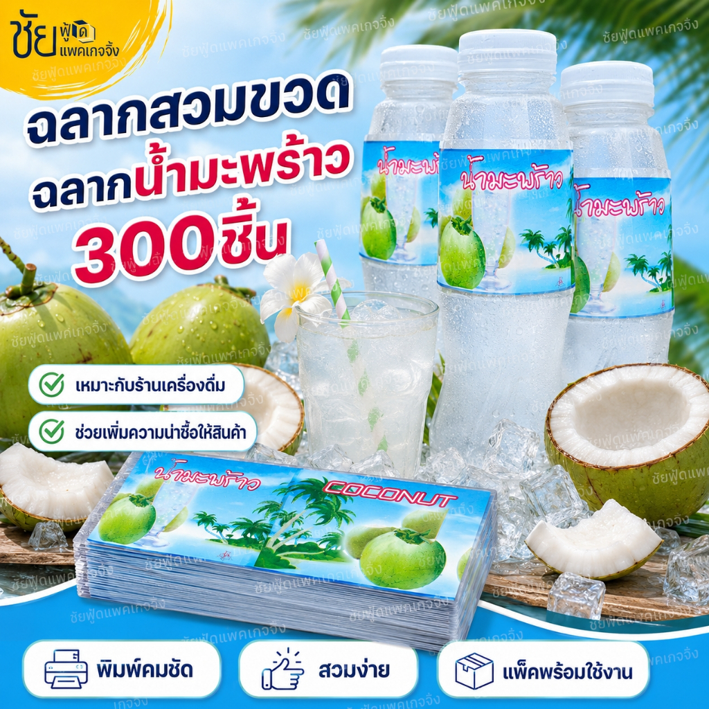 ฉลากสวมขวด ฉลากน้ำมะพร้าว PVC หดตัวด้วยความร้อน (Shrink Film) สำหรับ ขวดน้ำPP ขนาด 5x9ซม. แพค 300ชิ้น