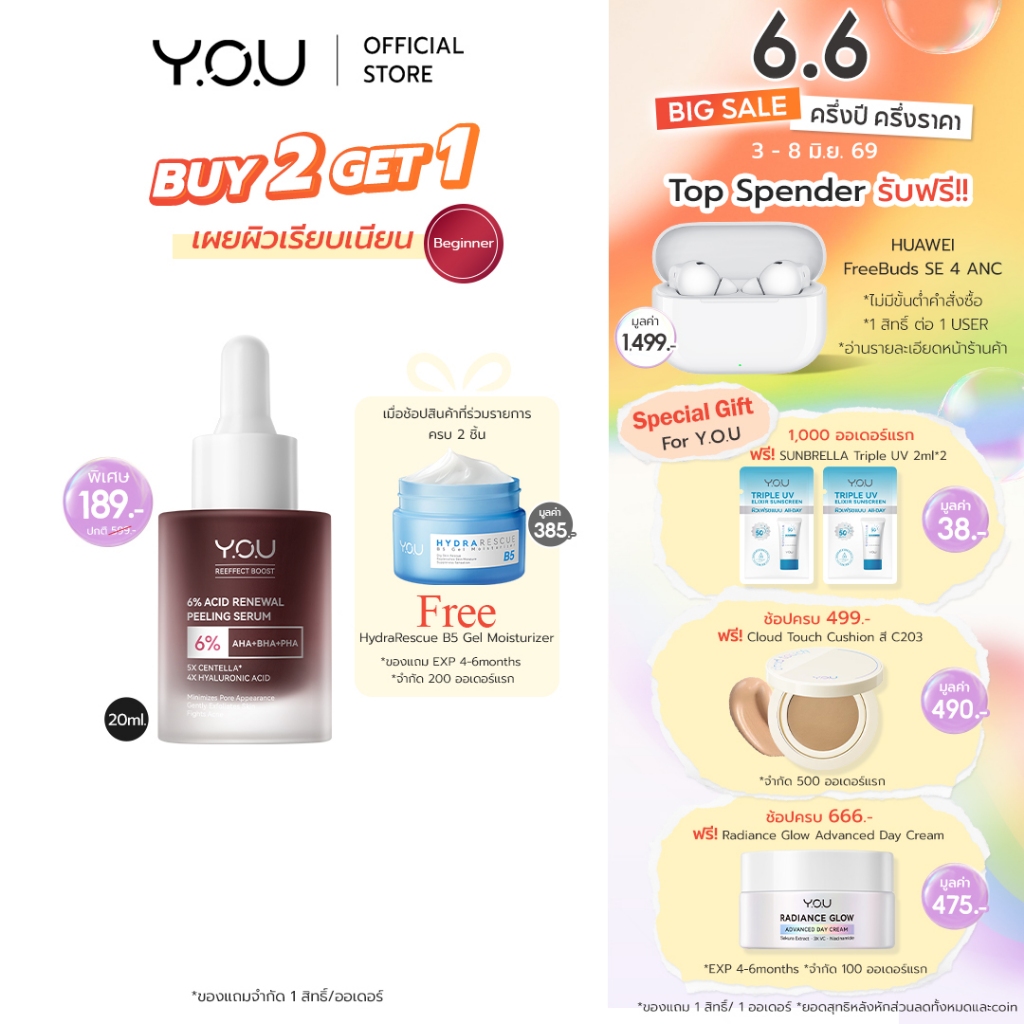 YOU 6% Acid Renewal Peeling Serum 20ml เซรั่มผลัดเซลล์ผิวเข้มข้น 6% AHA BHA กระชับรูขุมขน ลดสิว ผิวกระจ่างใส เซรั่มแดง