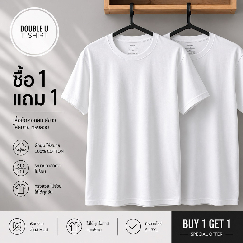 White T-Shirt (ขาวล้วน) Buy 1 Get 1 Free ซื้อ 1 แถม 1 ผ้าคอทตอล100% **ไม่มีการเย็บตะเข็บข้างตัวเสื้อ**