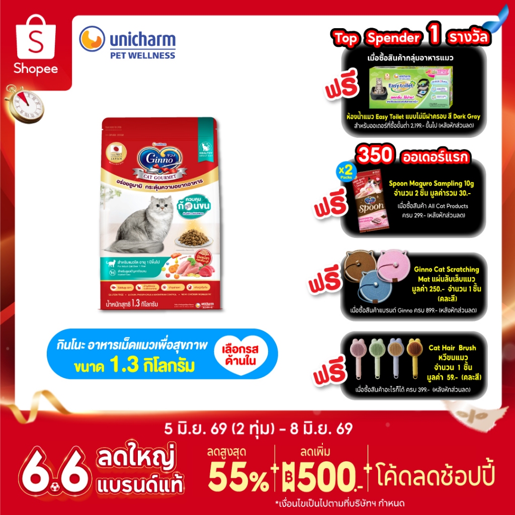 [ใหม่! เลือกรสชาติได้] Ginno Dry Health กินโนะ อาหารเม็ดแมวสูตรสุขภาพ 1.3Kg.
