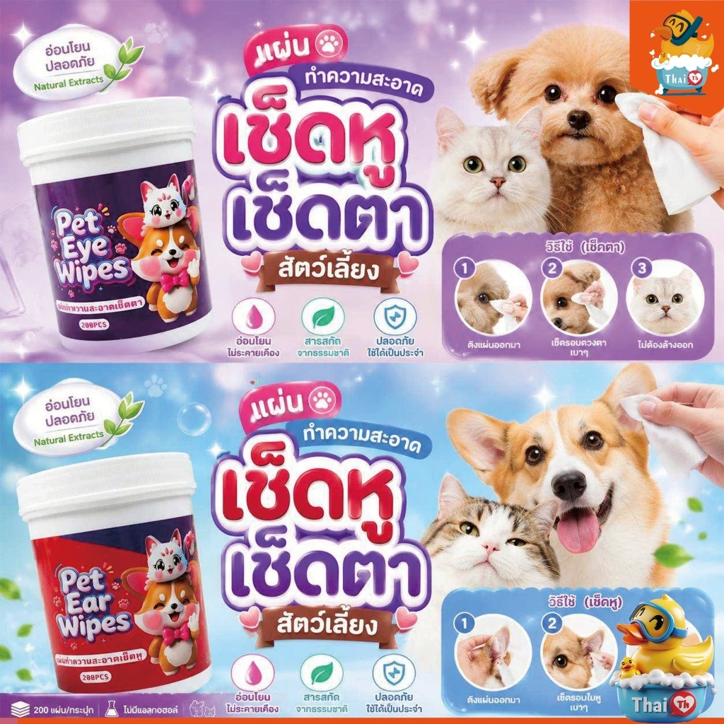 Thai.th ผ้าเช็ดทำความสะอาดสัตว์เลี้ยง ตา หู แบบอ่อนโยน สำหรับแมวและสุนัข 200 ชิ้น LZ999