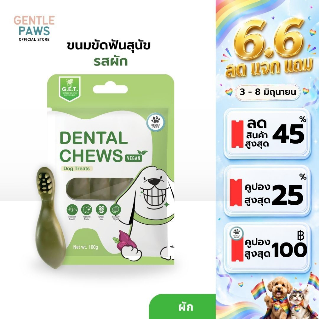 Gentle Paws ขนมขัดฟันสำหรับสุนัข รสบรอคโคลี่และมิ้นท์ (สูตรผักล้วน) ขนาด100g Dental Chews