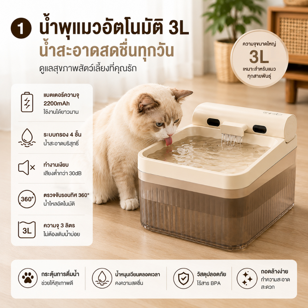น้ำพุแมว น้ำพุแมวไร้สายอัตโนมัติ 2ลิตร เซนเซอร์ตรวจจับ USB ชาร์จได้ เสียงเงียบ ฟิลเตอร์กรองน้ำ ปลอดภัย สำหรับแมวและสุนัข