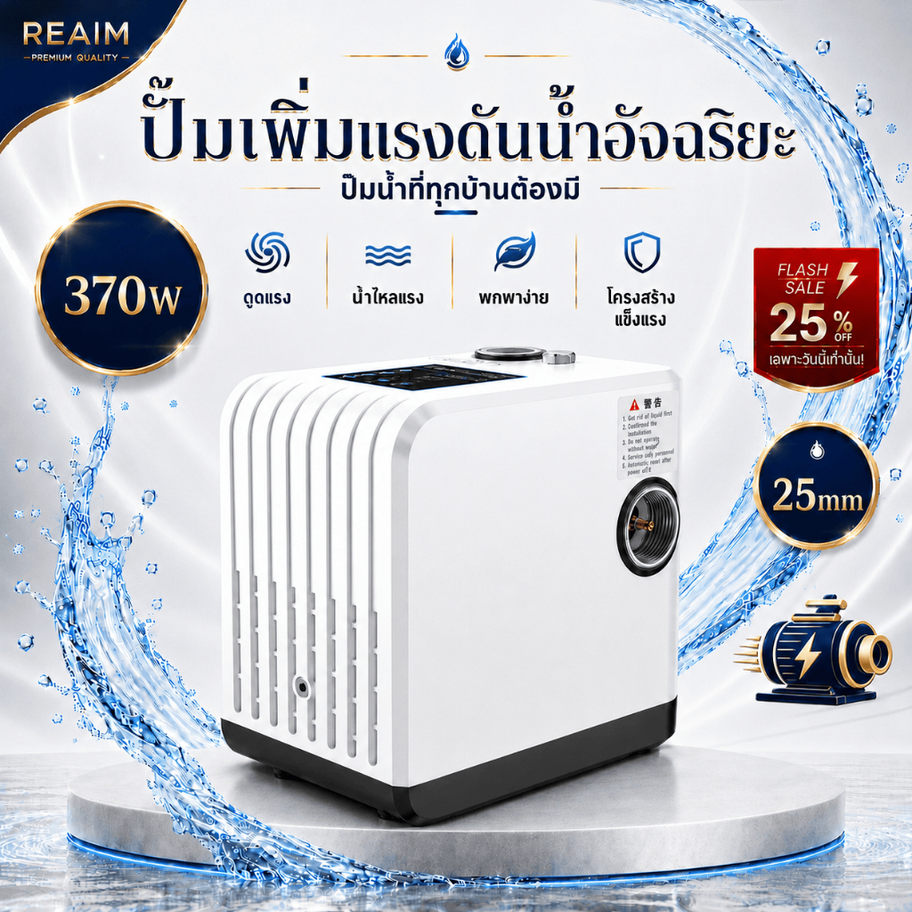 REAIM ปั้มอัตโนมัติ ปั้มน้ำอัตโนมัติ shower 370W booster pump บูสเตอร์ปั๊มในครัวเรือน 24V ปั้มเพิ่มแรงดันน้ำ เพิ่มแรงดัน