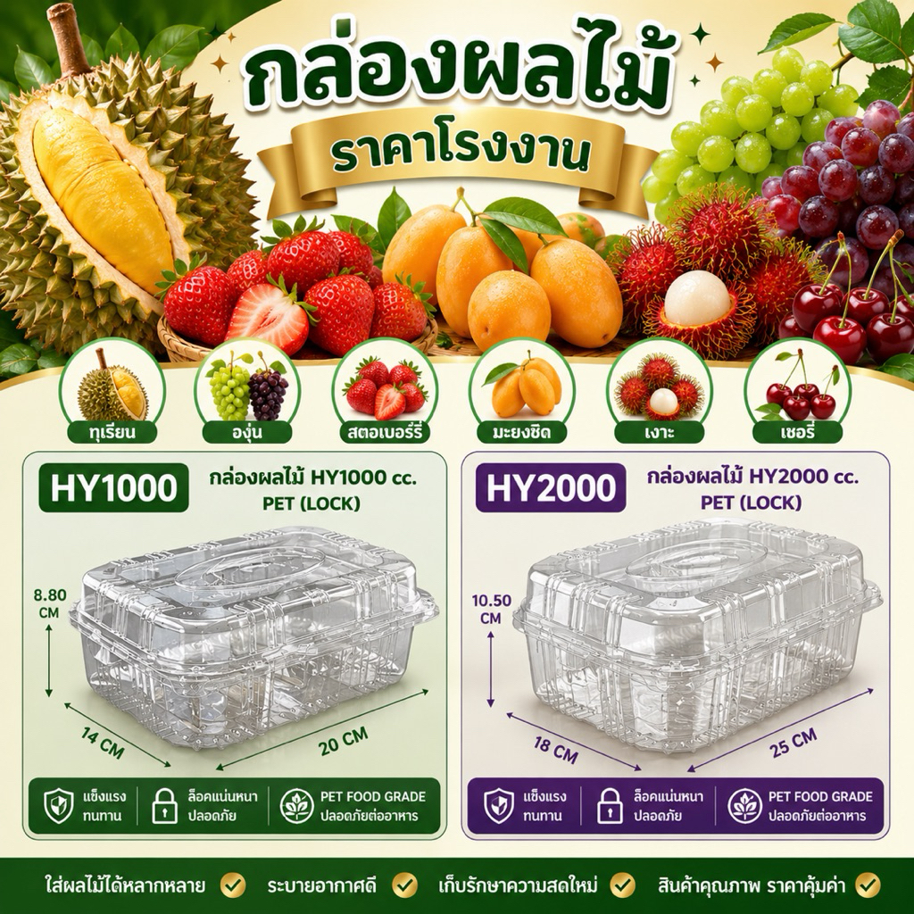 กล่องใส่ผลไม้HY1000และ HY2000 ใส่ได้1000และ2000กรัม 50ใบ/แพ็ค