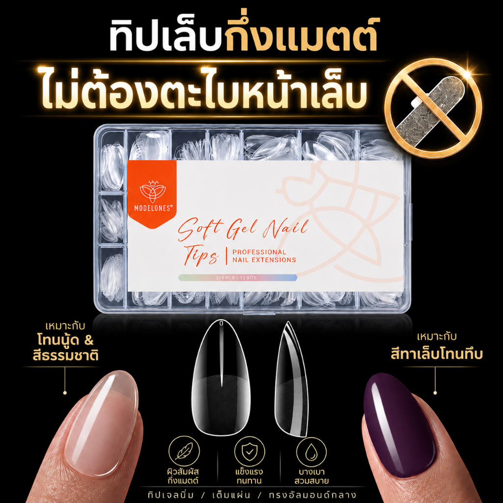 Modelones เล็บปลอม 216 ชิ้น 12 ขนาด บางเฉียบไร้รอย ทนทาน เหมาะกับนิ้วส่วนใหญ่ ชุดเล็บปลอม