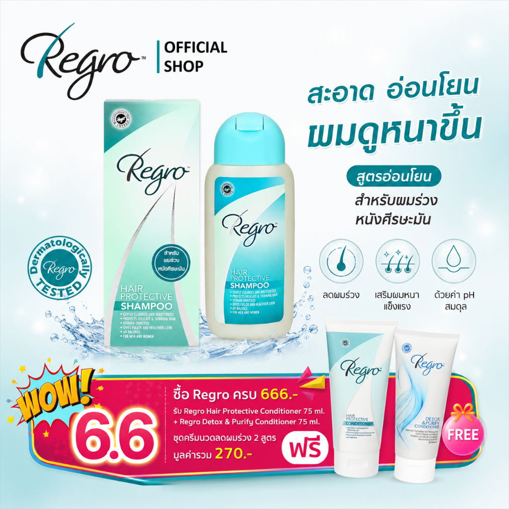 Regro Hair Protective Shampoo 200 ml. แชมพูป้องกันผมร่วง ลดความมันบนหนังศีรษะ และเส้นผม