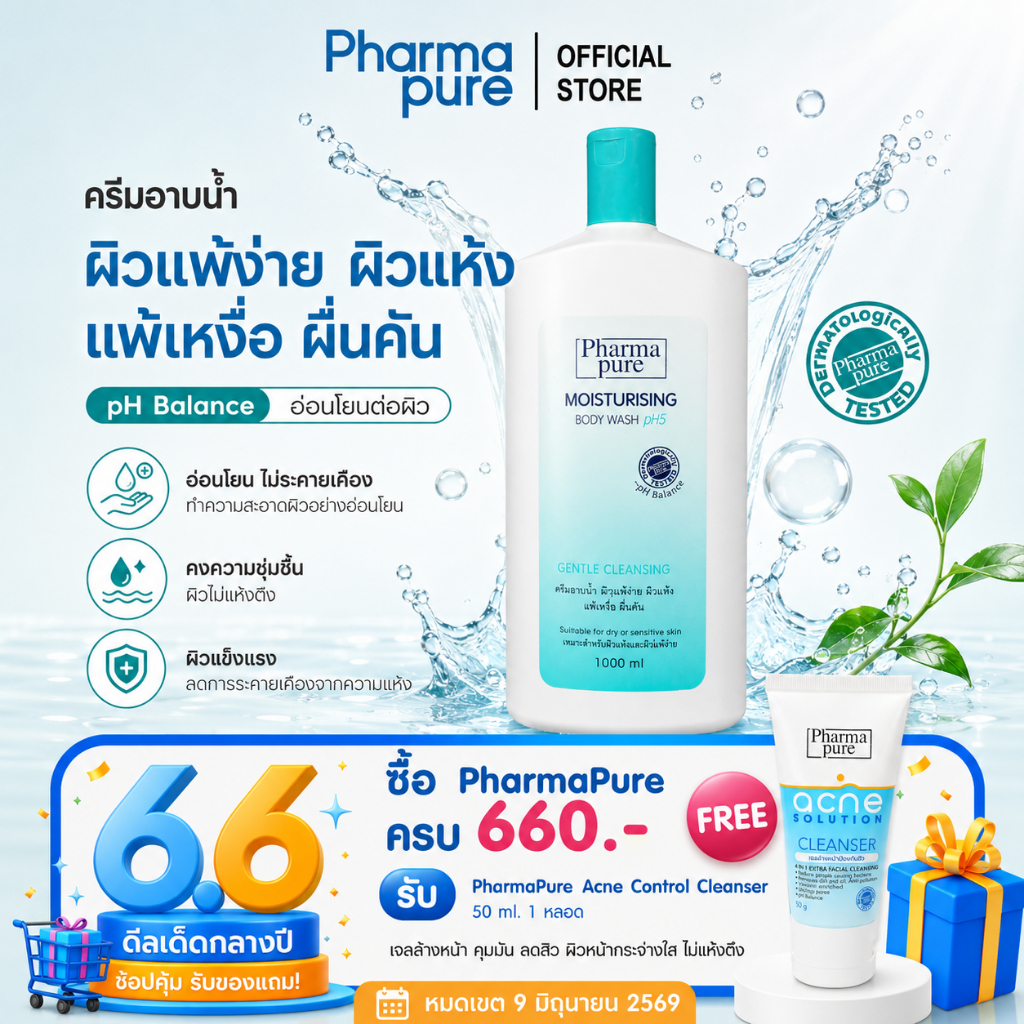 PharmaPure Moisturizing Body Wash 1000 ml ครีมอาบน้ำสูตรอ่อนโยน บำรุงผิวให้เนียนนุ่ม ชุ่มชื้น