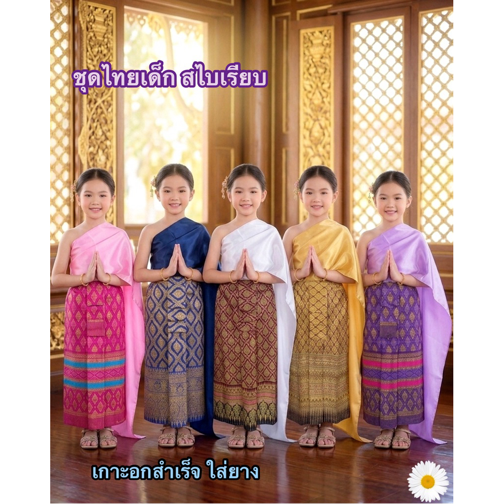 (พร้อมส่ง)สไบชุดไทยเด็ก ขายสไบแยกและขายแบบเป็นชุด ผ้าเครปซาติน ผ้าถุงลายไทยสำเร็จ  4-10ขวบ