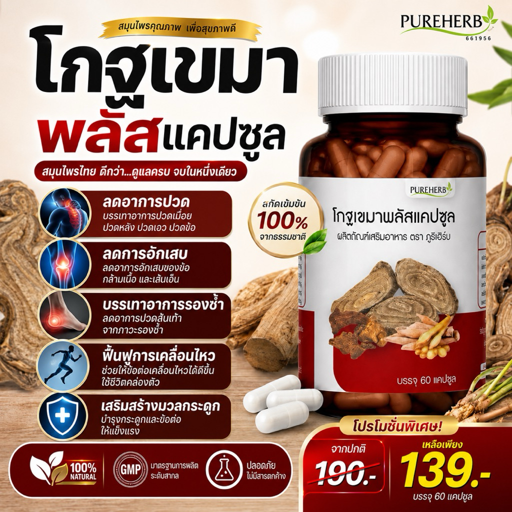 โกฐเขมาพลัสแคปซูล ตราภูรีเฮิร์บ - ปวดเมื่อย เข่าเสื่อม ปวดหลัง เส้นตึง (ส่งจาก กทม.)