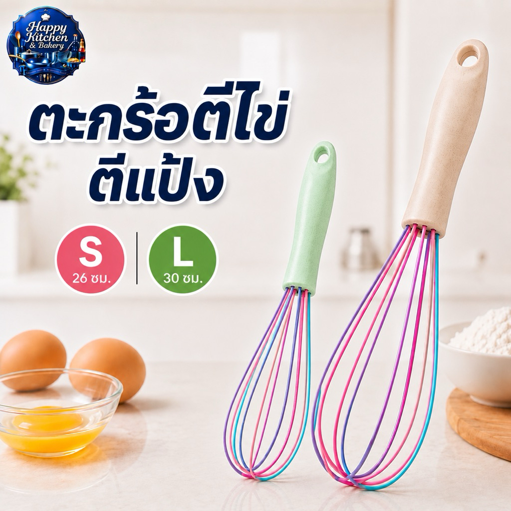 ตะกร้อตีไข่ ซิลิโคน ด้ามจับถนัดมือ ไซส์ 26/30 ซม. ที่ตีไข่ ตีแป้ง อุปกรณ์เบเกอรี่