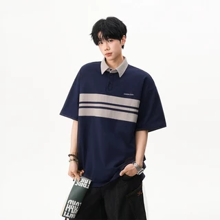 เสื้อโปโลผ้าฝ้ายแท้ ลายทางแถบตัดสีคอนทราสต์ ทรงหลวมสไตล์คาสชูอัล ผ้านุ่มอ่อนโยนต่อผิว ระบายอากาศดี