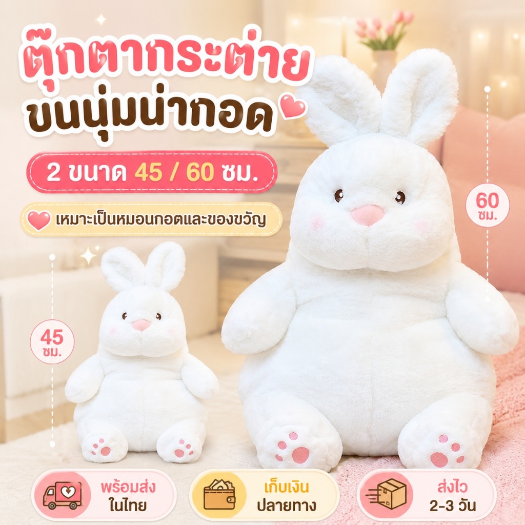 ตุ๊กตากระต่ายขนนุ่ม 45/60 ซม. หมอนกอดน่ารัก ของขวัญวันเกิด แต่งห้อง พร้อมส่ง