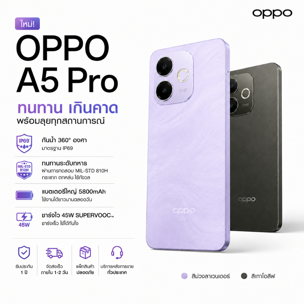 oppo A5 Pro 5G (8GB+256GB) หน้าจอใหญ่ 6.67″120Hz แบต 5800mAh กล้อง 50MP มือหนึ่ง มือถือของแท้