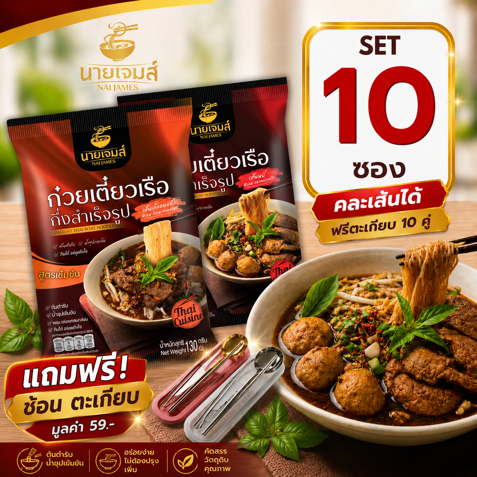 (แถมฟรี!!)(อิสลามทานได้)NaiJames นายเจมส์ ก๋วยเตี๋ยวเรือกึ่งสำเร็จรูป สูตรต้นตำหรับ 10 ซอง