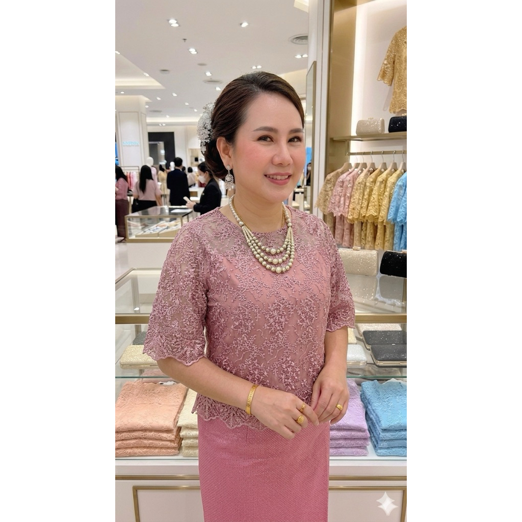 เสื้อลูกไม้ปักใส่ออกงานสวยดูแพงทรงซีทรูซิปหลังแขนศอกมีซับในทั้งตัวมีอก40-52