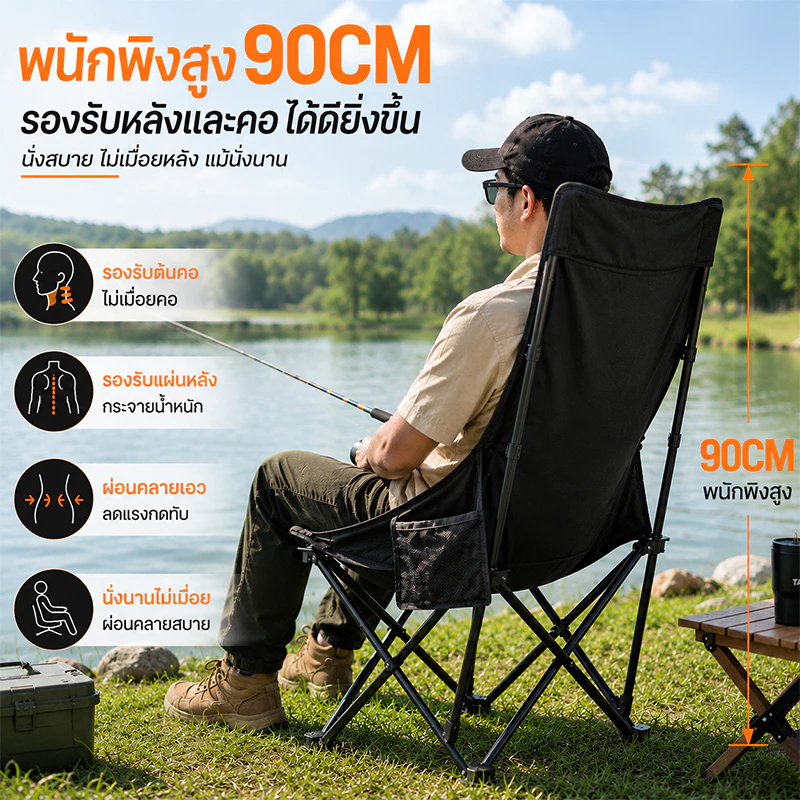 เก้าอี้แคมป์ปิ้ง พนักพิงสูง พับได้ พกพา รับน้ำหนัก 300KG แถมถุงเก็บ thumbnail 4