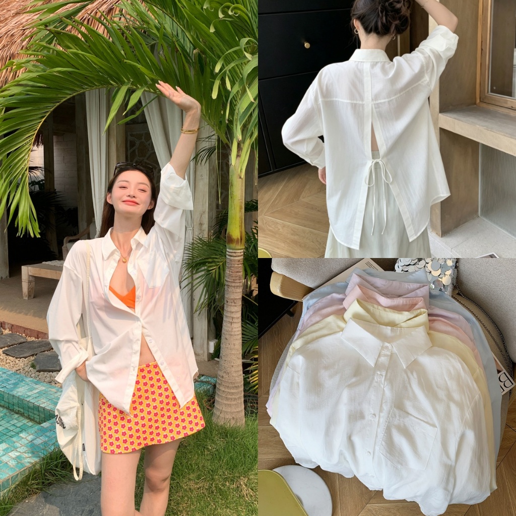 Beryl 🌻 เสื้อแขนยาวผู้หญิง 🎉 สีพื้น ผ้าเนื้อนุ่ม ดีไซน์ผ่าหลัง ทรงหลวม สวมใส่สบาย สไตล์เกาหลีเรียบง่าย