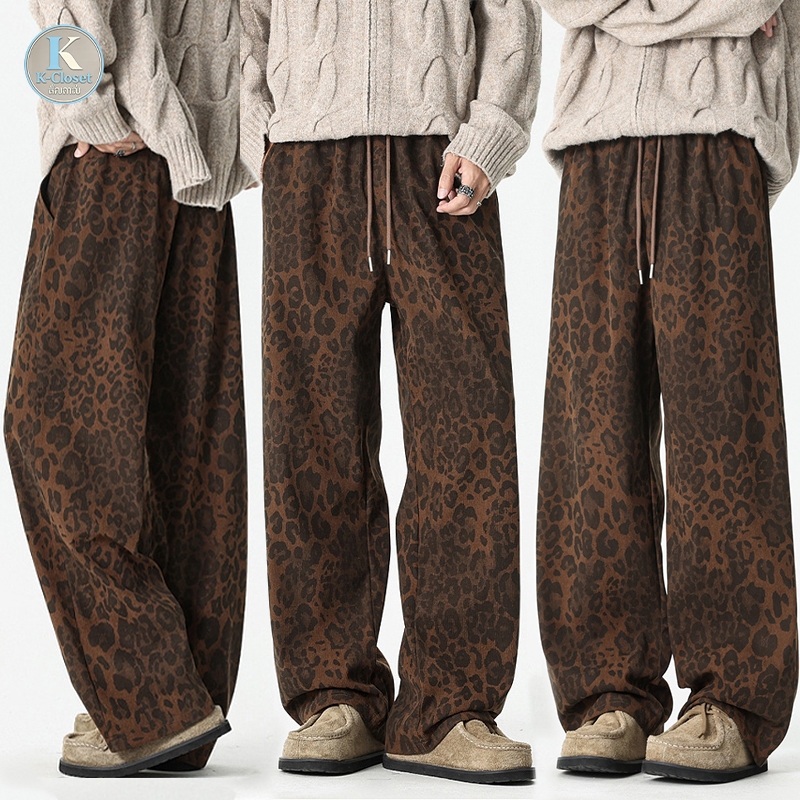 Baggy S-5XL กางเกงผู้ชายลายเสือ ทรงขากว้างตรง เอวยางพร้อมเชือกดึง สไตล์เกาหลี