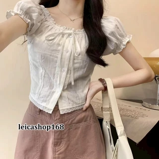 สินค้าพร้อมส่ง บลูซลูกไม้ตัดแต่งน่ารักสำหรับผู้หญิง เสื้อแขนสั้นพัฟแขนฤดูร้อน เสื้อหวาน หรูหรา ใช้ได้หลากหลาย LG315
