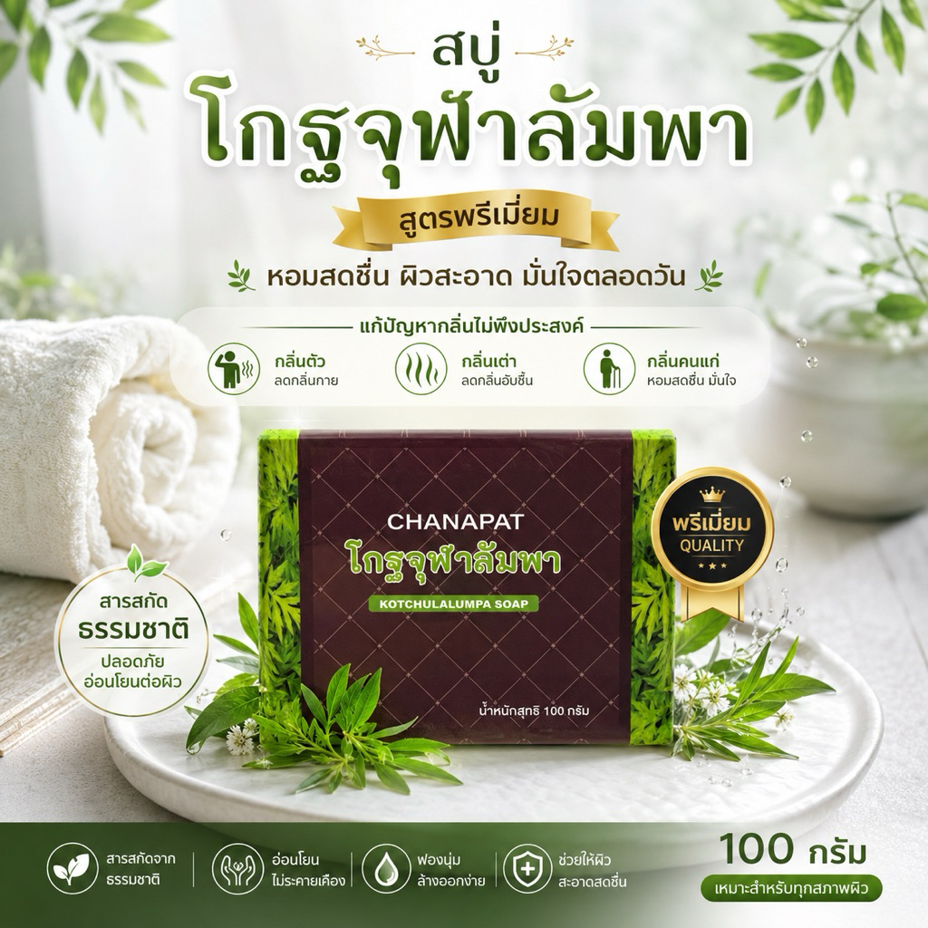 NEW สูตรใหม่ พรีเมี่ยม สบู่โกฐจุฬาลัมพา 100 กรัม แก้กลิ่นตัว กลิ่นเต่า กลิ่นเหงื่อ เหมาะกับทุกสภาพผิว