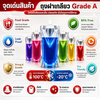 ส่งฟรี (50 ใบ)🎁แถมฟรีกรวยกรอก🎁ถุงฝาเกลียว ก้นตั้งได้ ถุงใส่น้ำ ถุงใส่น้ำจิ้ม ใส่เยลลี่