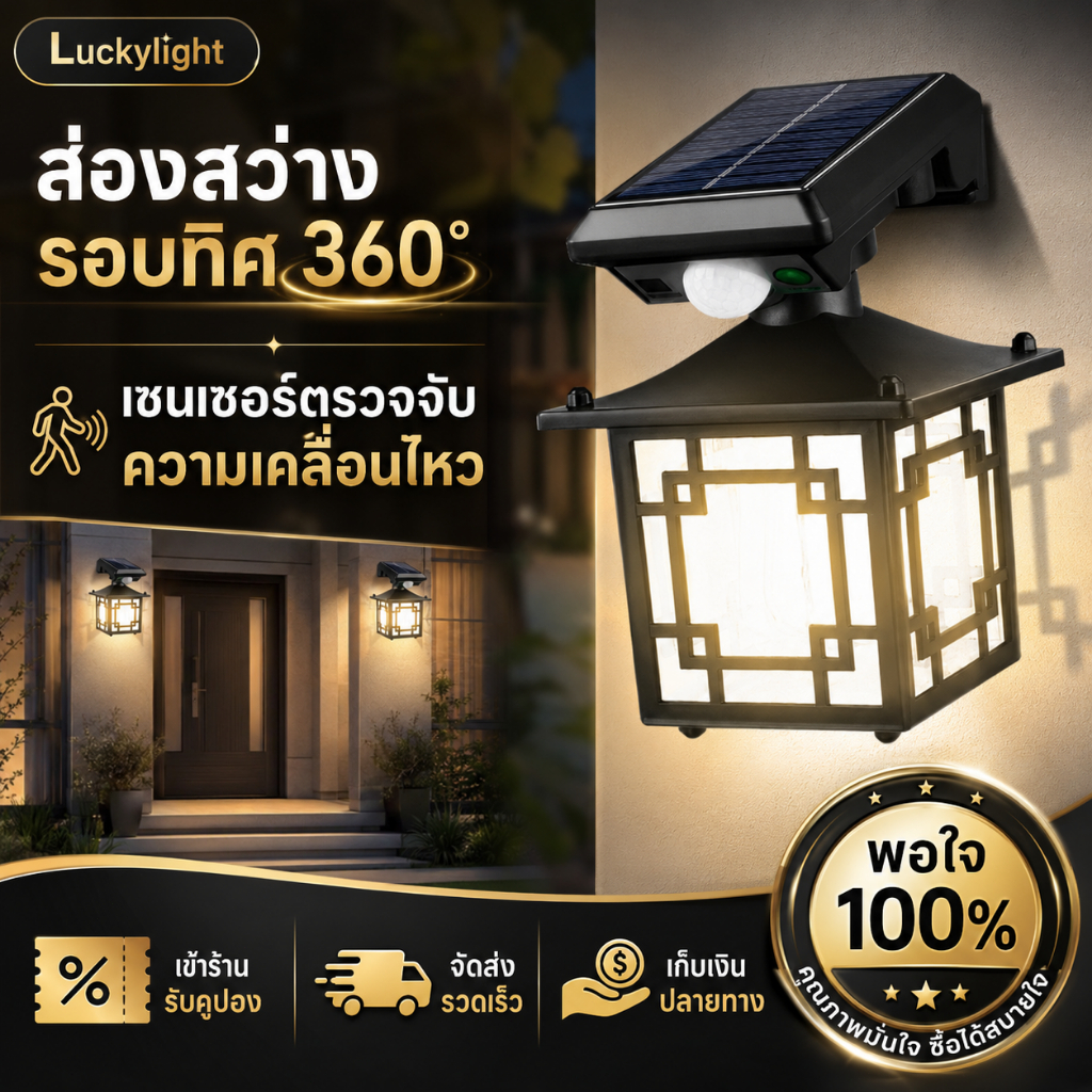 ไฟติดผนังโซลาร์ LED เซนเซอร์ตรวจจับความเคลื่อนไหว ไฟสวน ตกแต่งกลางคืน ไฟฉุกเฉิน
