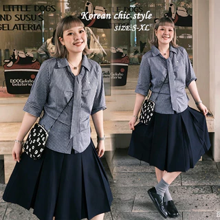 w734เสื้อเชิ้ตสตรีลายทางสีน้ำเงิน คอปก ผูกโบว์ มีสินค้าพร้อมส่งในประเทศไทย เหมาะใส่ฤดูร้อน มีไซซ์ใหญ่ สไตล์หวานน่ารัก