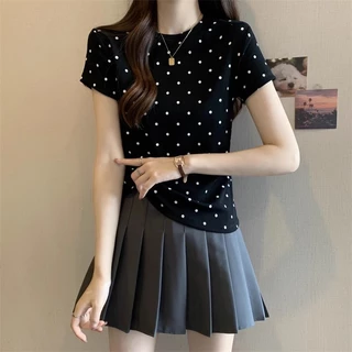 พร้อมส่งในไทย*** เสื้อยืดลายจุดสีพื้น เสื้อคอกลมผู้หญิง ผ้าแบบนิ่ม Y353
