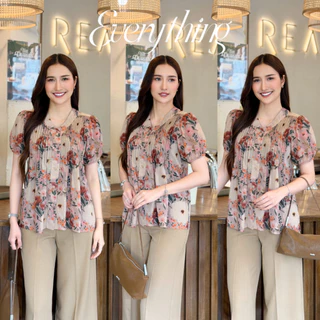 Everything2019 - เสื้อผู้หญิงคอวีตีเกล็ดหน้าอก กระดุมหน้า แขนสั้น ใส่ได้ทุกโอกาส (6211)